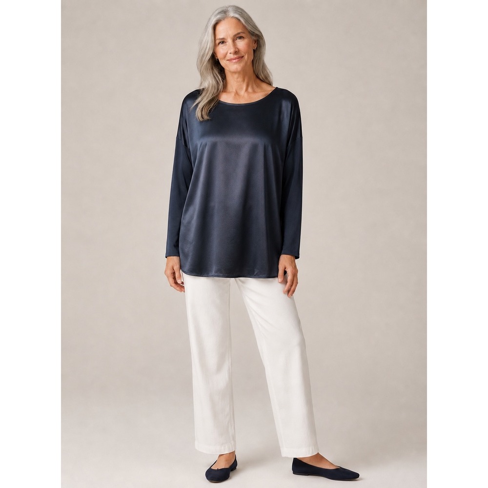 J. Jill Women Navy Blue Mixed Media Satin Front Tunic Top M NEW Chic Evening